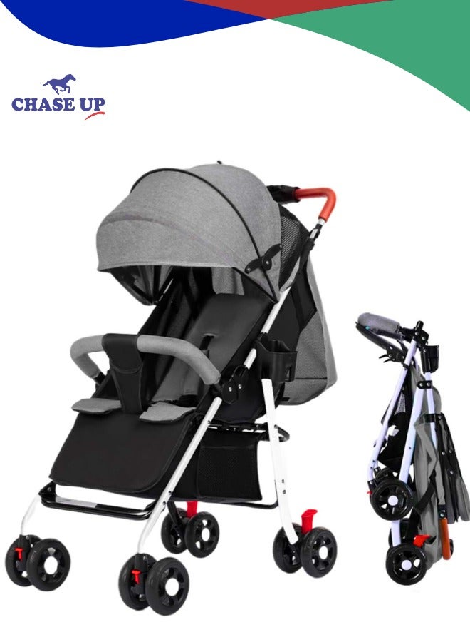 تشيس اب عربة أطفال خفيفة الوزن للسفر، عربة أطفال قابلة للطي مع سلة تخزين كبيرة، وضعيات إمالة متعددة، طي مريح بيد واحدة، مريحة ومسطحة (رمادي) - Image 1