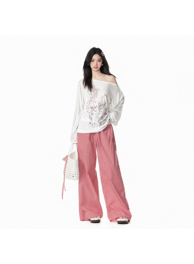 EPTISON Wide-leg Casual Pants Women 2025 Summer New Color-block Lace Trim Fashion Plaid Straight-leg Versatile Trousers - Image 4