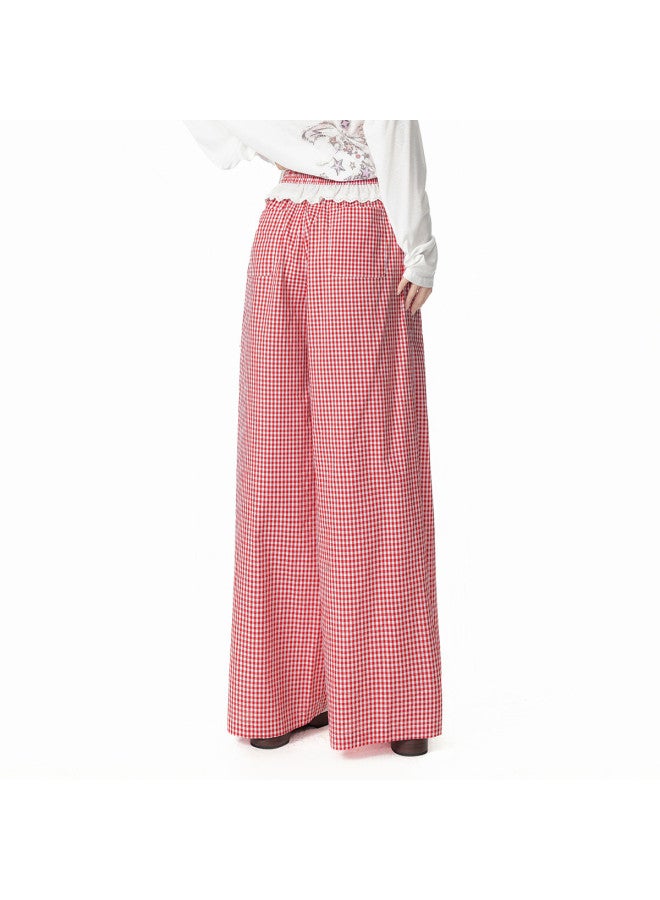 EPTISON Wide-leg Casual Pants Women 2025 Summer New Color-block Lace Trim Fashion Plaid Straight-leg Versatile Trousers - Image 5