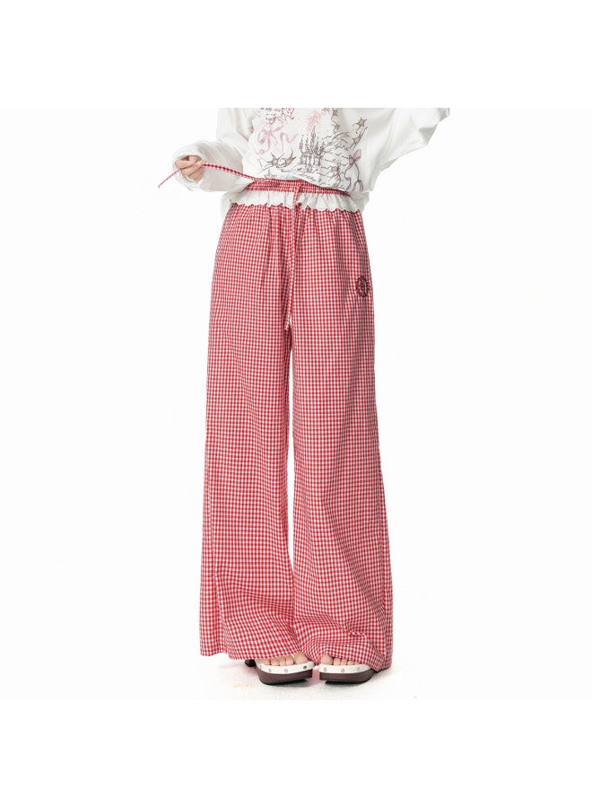 EPTISON Wide-leg Casual Pants Women 2025 Summer New Color-block Lace Trim Fashion Plaid Straight-leg Versatile Trousers - Image 3