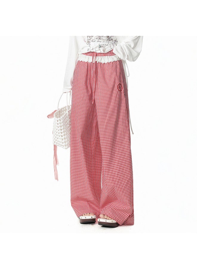 EPTISON Wide-leg Casual Pants Women 2025 Summer New Color-block Lace Trim Fashion Plaid Straight-leg Versatile Trousers - Image 2