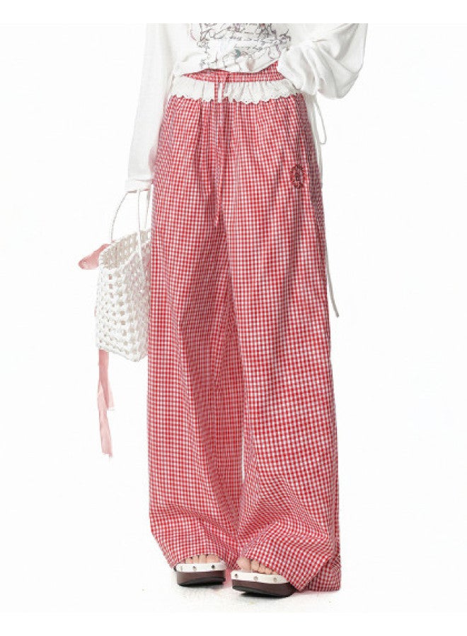 EPTISON Wide-leg Casual Pants Women 2025 Summer New Color-block Lace Trim Fashion Plaid Straight-leg Versatile Trousers - Image 1