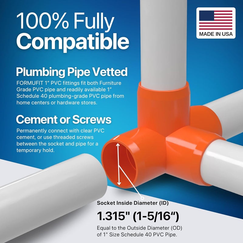 FORMUFIT 1” 4-Way Tee Furniture Grade PVC Fitting in Orange, Made in USA, UV-Resistant, Impact-Proof, 1.315” Actual Socket Diameter (Pack of 4) - F0014WT-OR-4 - Image 5