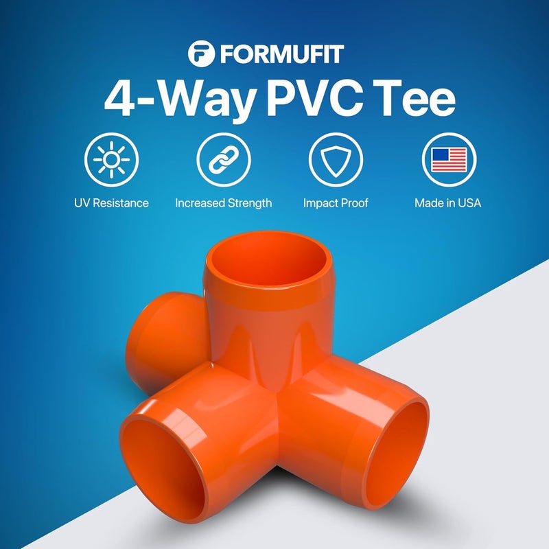 FORMUFIT 1” 4-Way Tee Furniture Grade PVC Fitting in Orange, Made in USA, UV-Resistant, Impact-Proof, 1.315” Actual Socket Diameter (Pack of 4) - F0014WT-OR-4 - Image 2