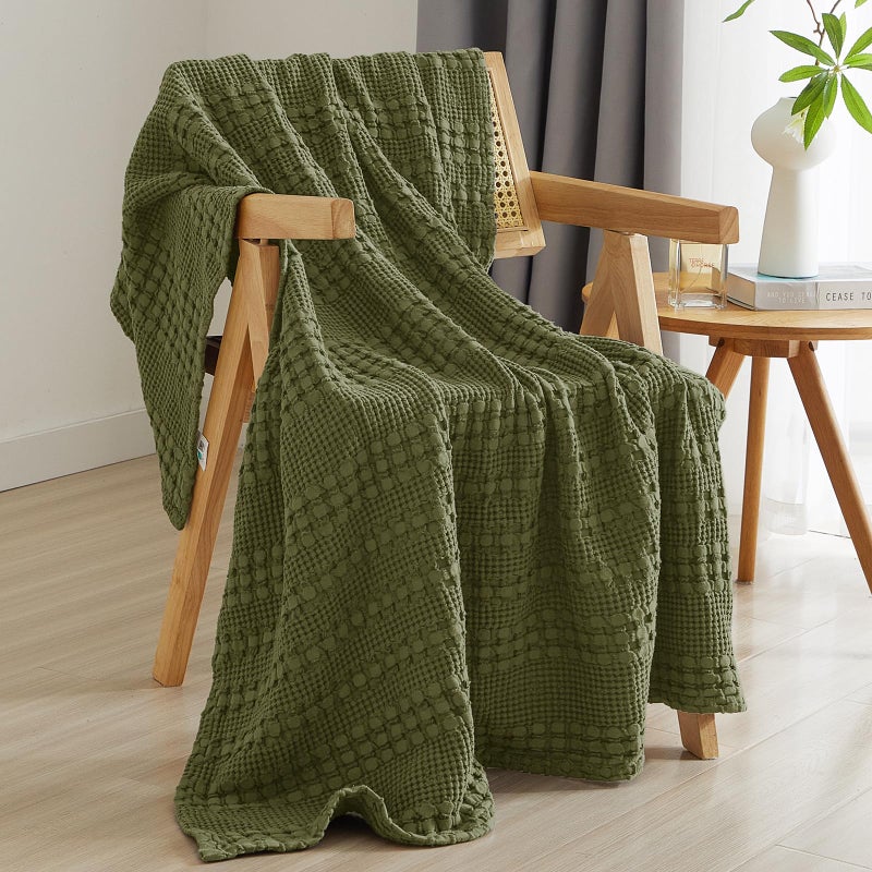 PHF 100% Cotton Waffle Weave Throw Blanket for Couch - Lightweight Washed Cotton Throw Blanket for Bed - 50""x60"" Aesthetic Breathable & Skin-Friendly Blanket for Room Decor & Office - Capulet Olive - Image 1