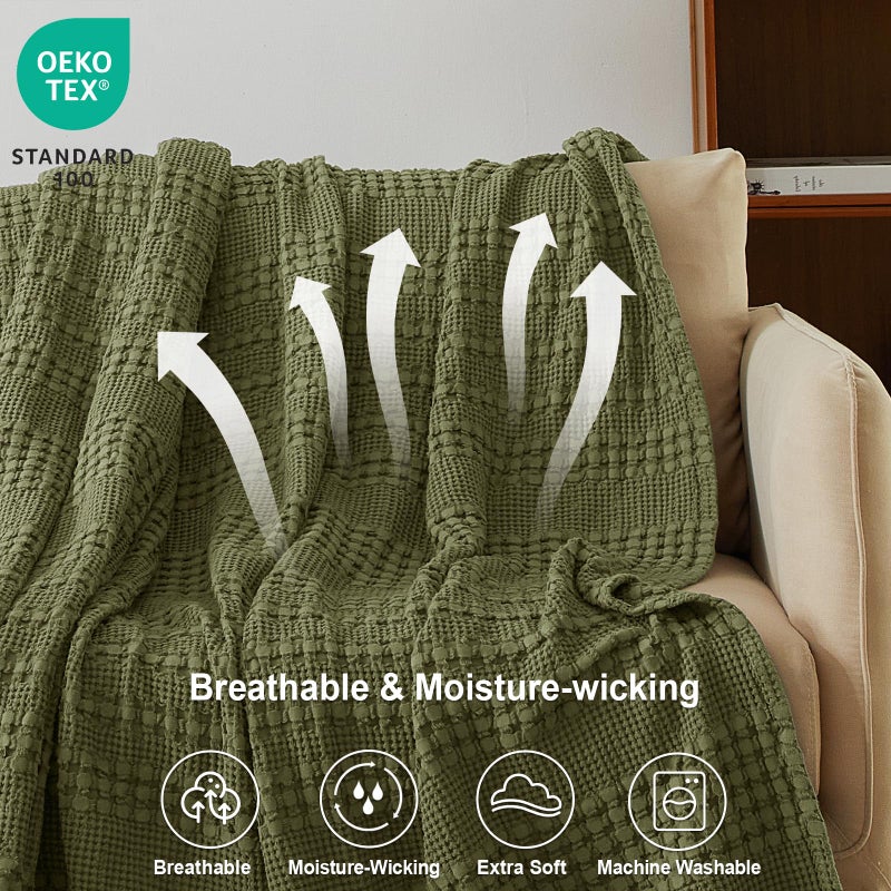 PHF 100% Cotton Waffle Weave Throw Blanket for Couch - Lightweight Washed Cotton Throw Blanket for Bed - 50""x60"" Aesthetic Breathable & Skin-Friendly Blanket for Room Decor & Office - Capulet Olive - Image 4