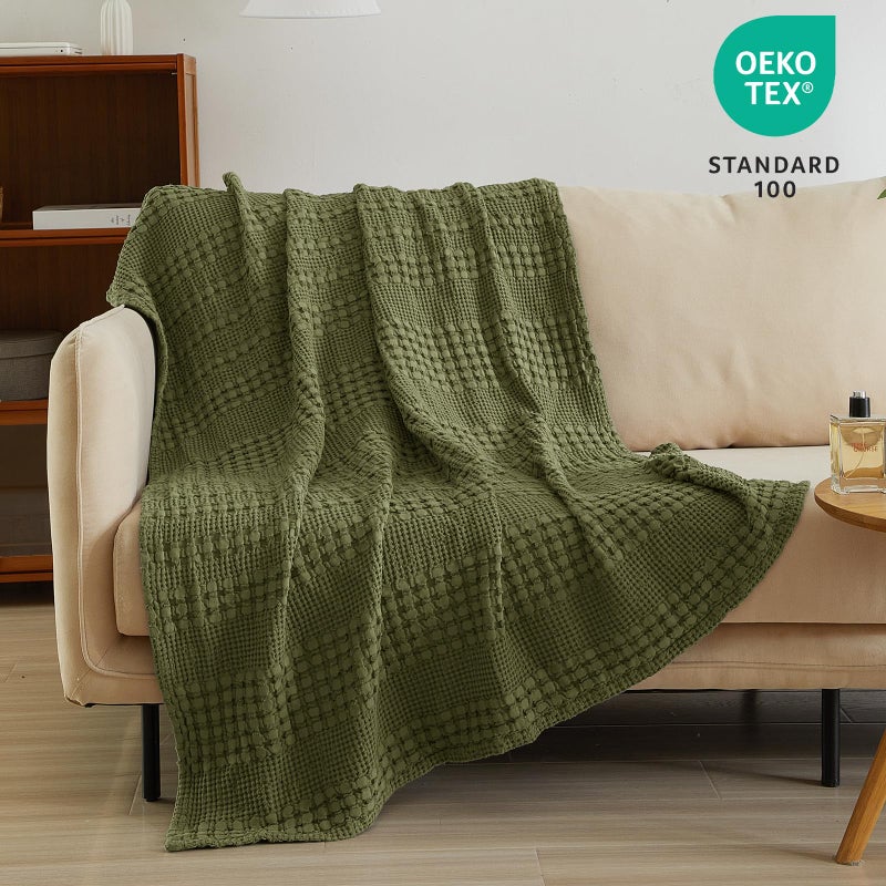 PHF 100% Cotton Waffle Weave Throw Blanket for Couch - Lightweight Washed Cotton Throw Blanket for Bed - 50""x60"" Aesthetic Breathable & Skin-Friendly Blanket for Room Decor & Office - Capulet Olive - Image 3