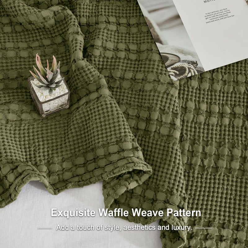 PHF 100% Cotton Waffle Weave Throw Blanket for Couch - Lightweight Washed Cotton Throw Blanket for Bed - 50""x60"" Aesthetic Breathable & Skin-Friendly Blanket for Room Decor & Office - Capulet Olive - Image 5