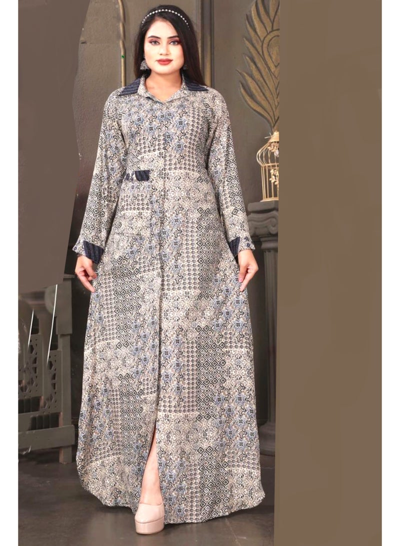 زينة جلابية نسائية بطبعة هندسية حديثة بياقة قميص متناقضة | فستان ماكسي بأكمام طويلة وجيب - Image 1
