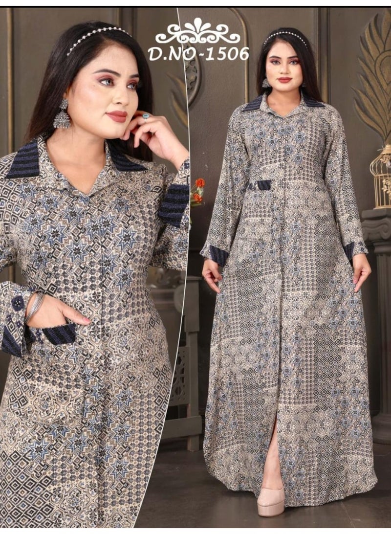 زينة جلابية نسائية بطبعة هندسية حديثة بياقة قميص متناقضة | فستان ماكسي بأكمام طويلة وجيب - Image 2