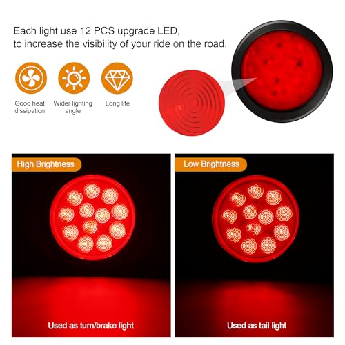 RUNHWEE 2Pcs 4" Round LED Trailer Light Kit - Red 12 LED Boat Marker, Brake, Stop Turn Side Utility Tail Light - Waterproof Hitch for Truck Trailer RV Boat - Image 2