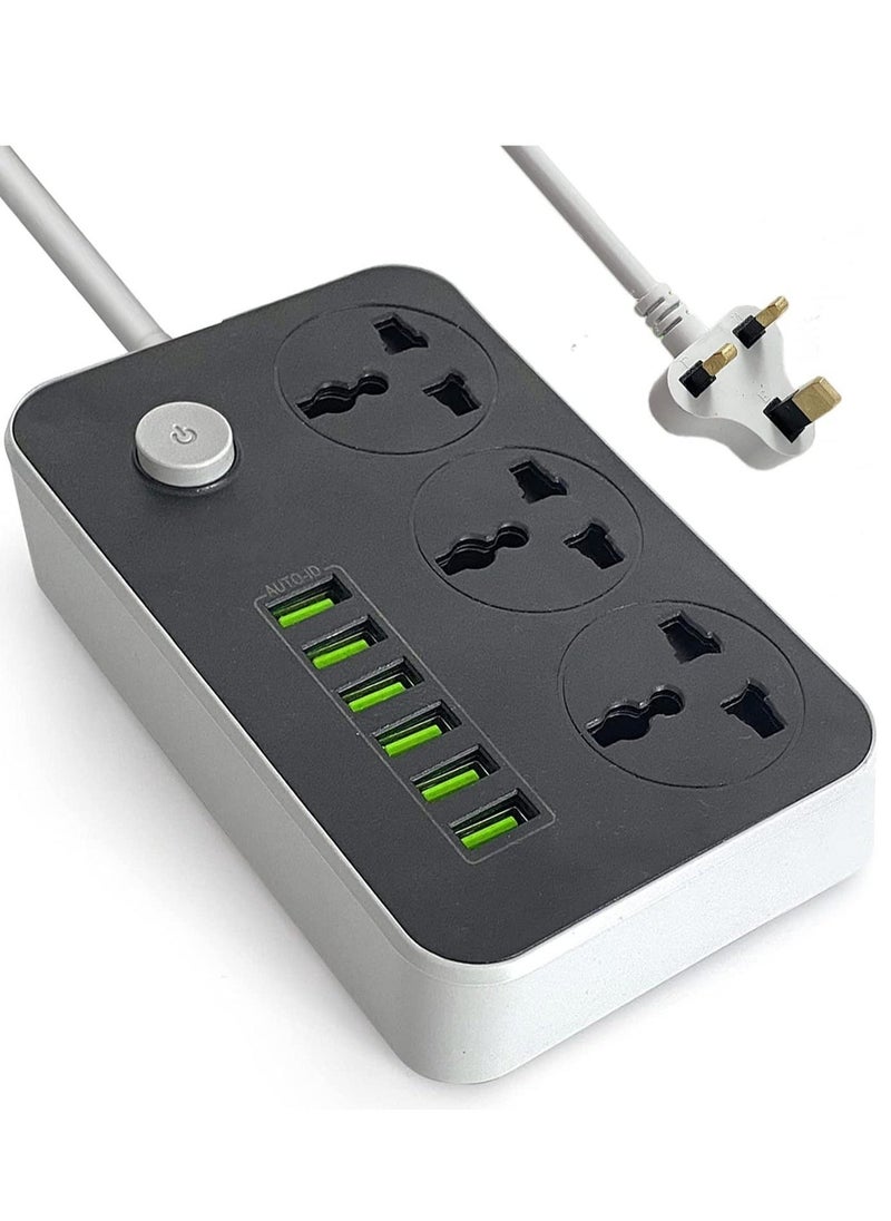 BGM Power Strips Extension Cord 3 Outlets, Power Socket with 6 USB Ports Universal Charging Socket with 2M Bold Extension Cord  - Image 1