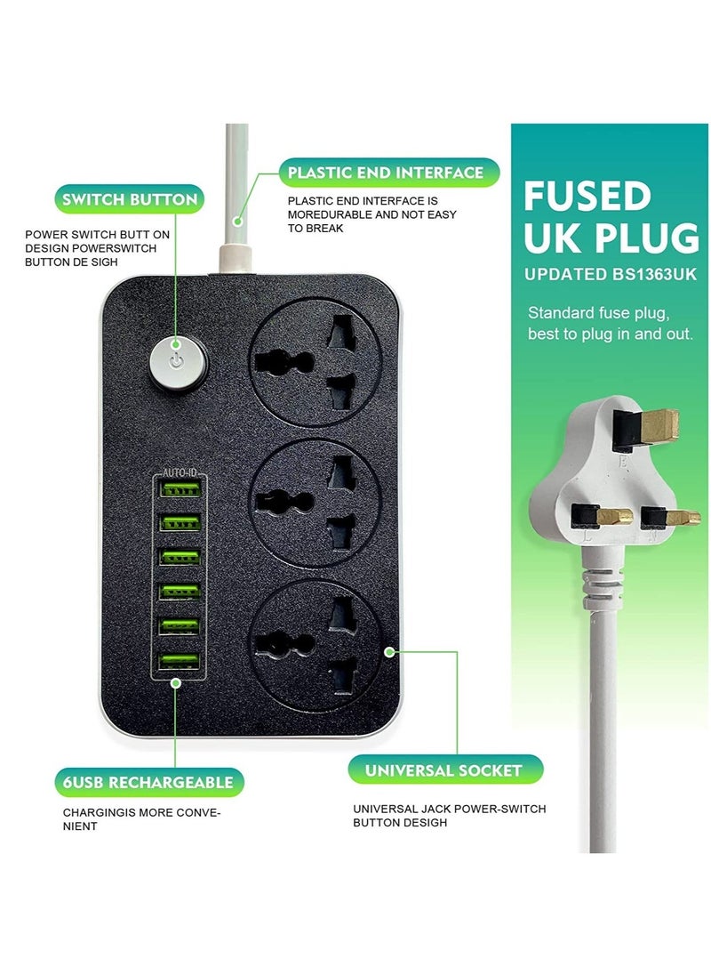 BGM Power Strips Extension Cord 3 Outlets, Power Socket with 6 USB Ports Universal Charging Socket with 2M Bold Extension Cord  - Image 5
