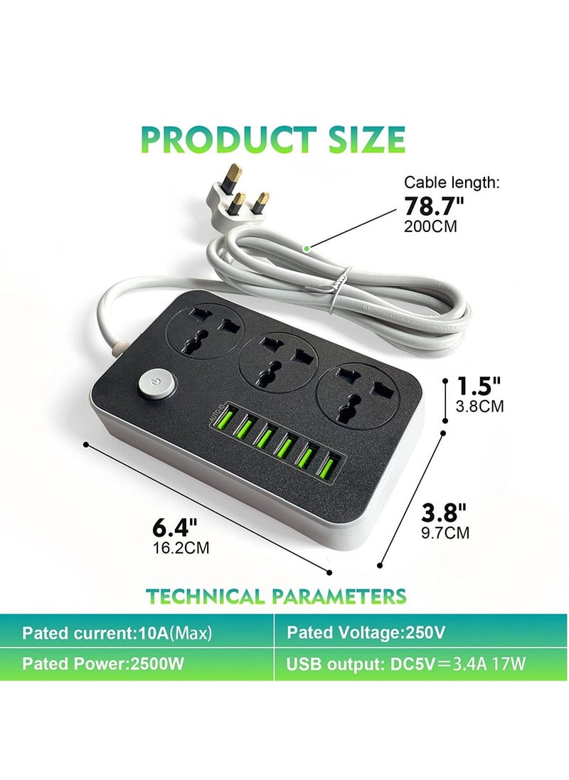 BGM Power Strips Extension Cord 3 Outlets, Power Socket with 6 USB Ports Universal Charging Socket with 2M Bold Extension Cord  - Image 4