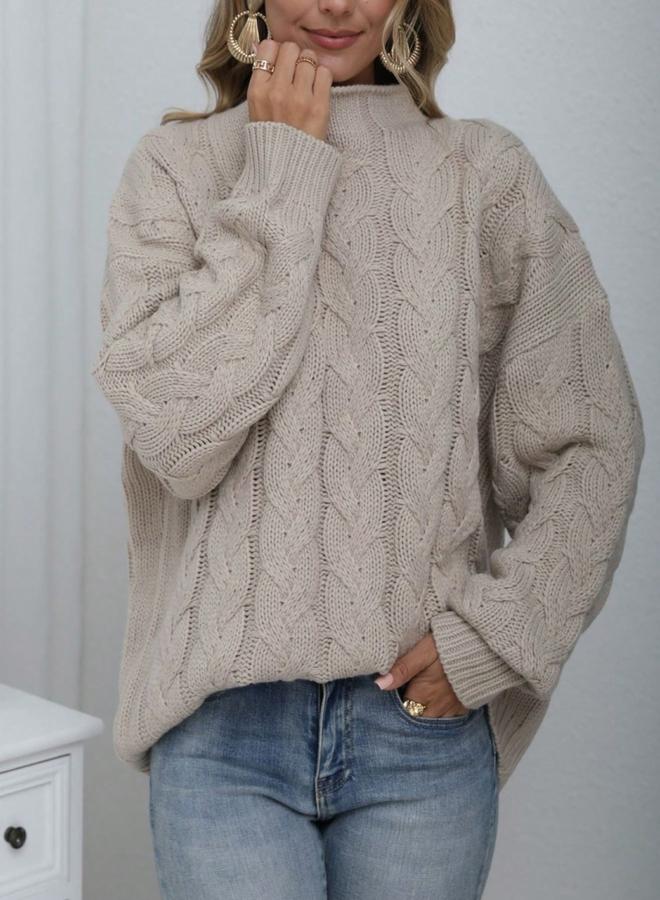 Take Two Plus Size High Neck Cable Knit Sweater - Image 3