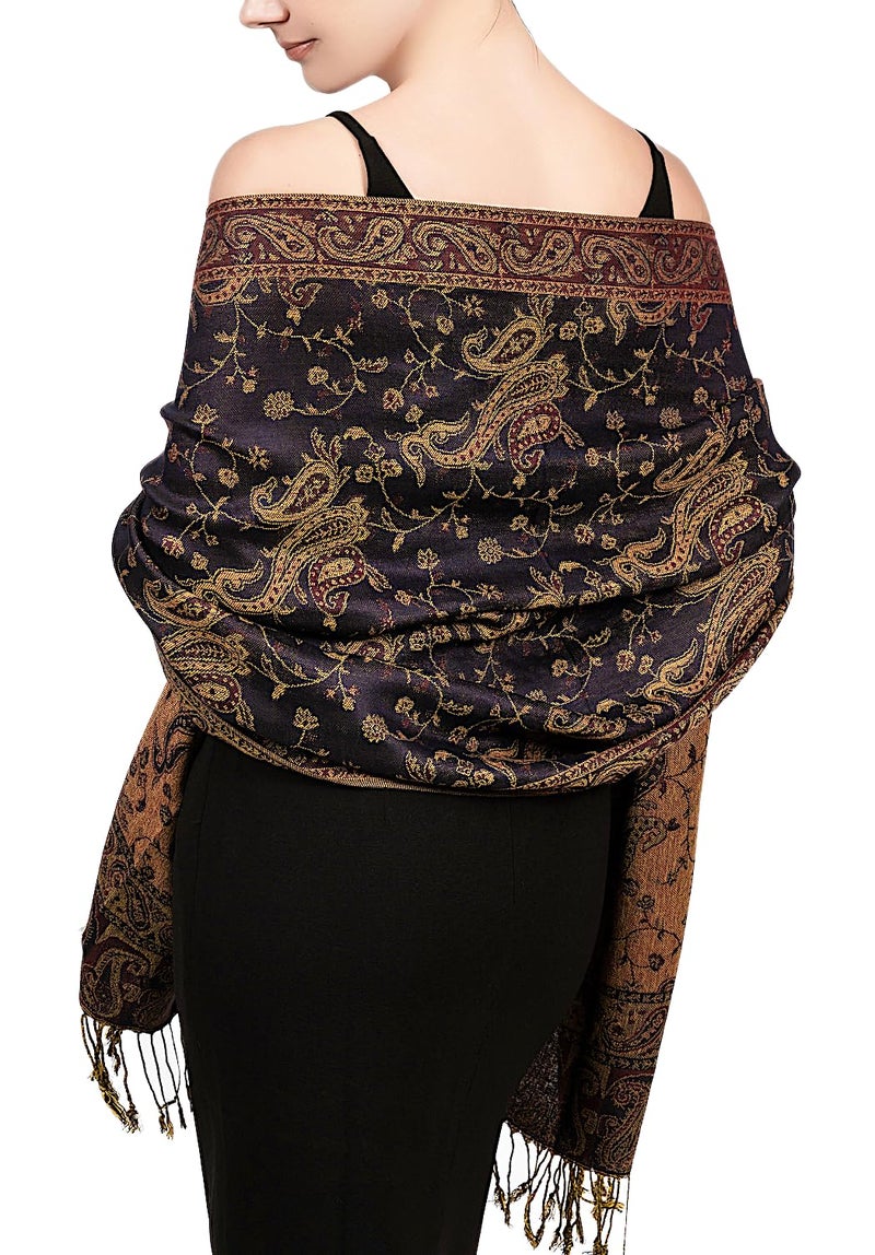 Achillea Soft Silky Reversible Paisley Pashmina Shawl Wrap Scarf w/Fringes (Navy) - Image 1