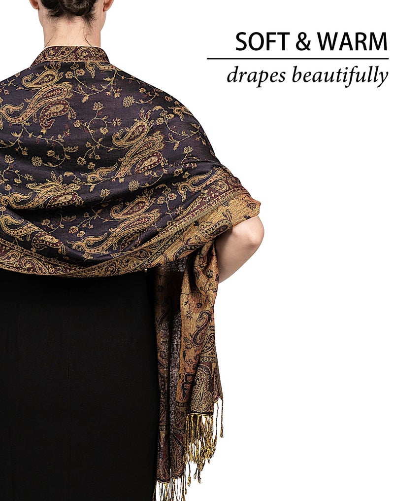 Achillea Soft Silky Reversible Paisley Pashmina Shawl Wrap Scarf w/Fringes (Navy) - Image 3
