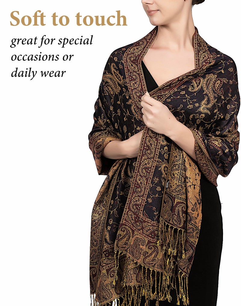 Achillea Soft Silky Reversible Paisley Pashmina Shawl Wrap Scarf w/Fringes (Navy) - Image 2