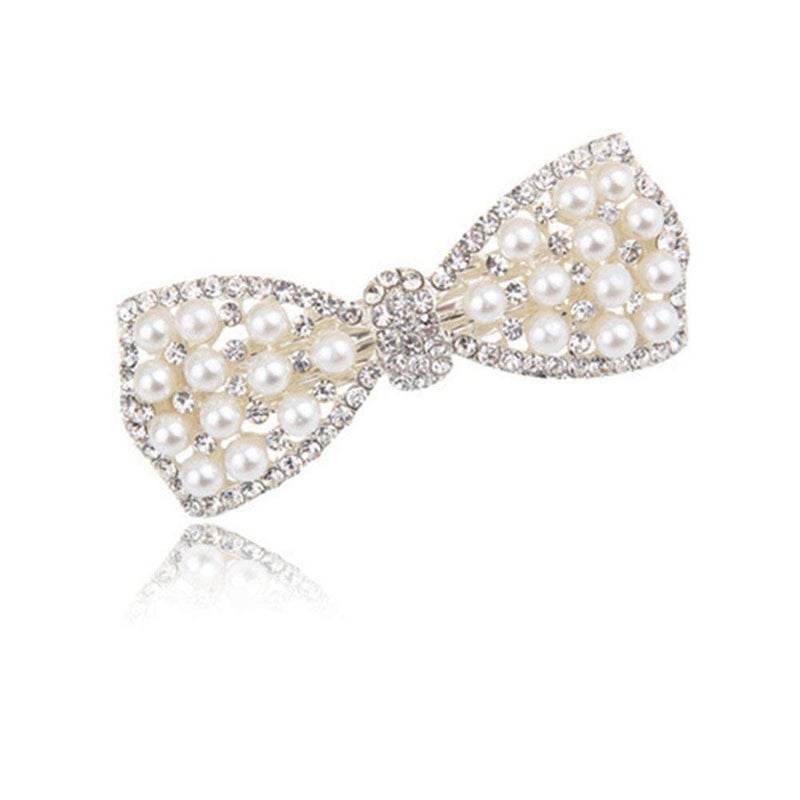 BeeSpring Silver Korean Style Crystal Rhinestone Hair Barrettes Butterfly Pearls Hair Clips Pins for Women 1Pcs