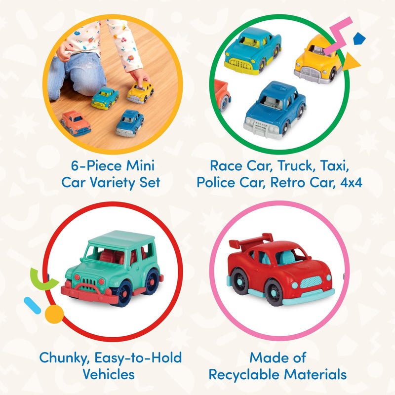 Battat- Wonder Wheels- Set of 6 Mini Toy Cars For Kids – Race Car, Truck, Taxi, Police Car, Retro Car, 4x4 – Pretend Play- Recyclable Materials - Mini Riders- 1 Year + - Image 3