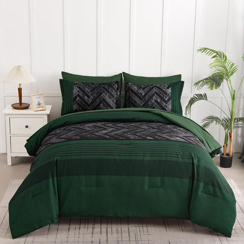 Luxudecor Emerald Green Comforter Set King Size, 7 Pieces Stripe Geometric Bed in a Bag, Soft Microfiber Forest Green Comforter and Sheet Set Complete Bedding Sets for All Seasons 104"Ã—90" - Image 1
