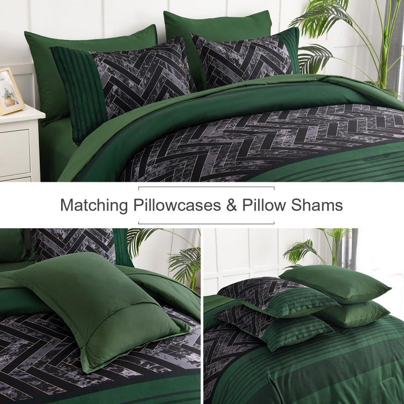 Luxudecor Emerald Green Comforter Set King Size, 7 Pieces Stripe Geometric Bed in a Bag, Soft Microfiber Forest Green Comforter and Sheet Set Complete Bedding Sets for All Seasons 104"Ã—90" - Image 4