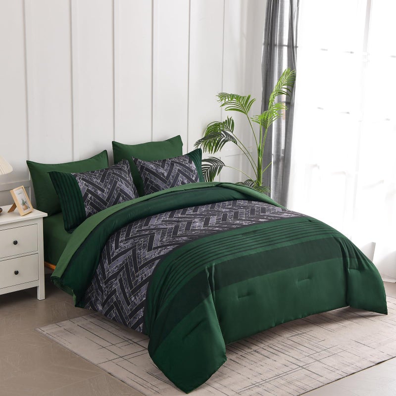Luxudecor Emerald Green Comforter Set King Size, 7 Pieces Stripe Geometric Bed in a Bag, Soft Microfiber Forest Green Comforter and Sheet Set Complete Bedding Sets for All Seasons 104"Ã—90" - Image 2