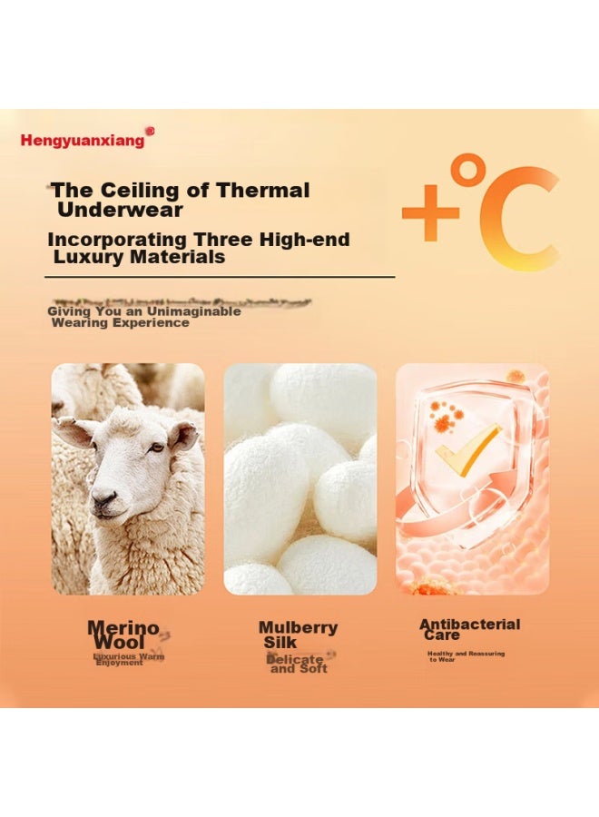 Hengyuanxiang Hengyuanxiang Wool And Silk Blend Thermal Underwear, Fleece-lined Thick Round Neck Autumn Top And Bottom Set, Black - Image 3