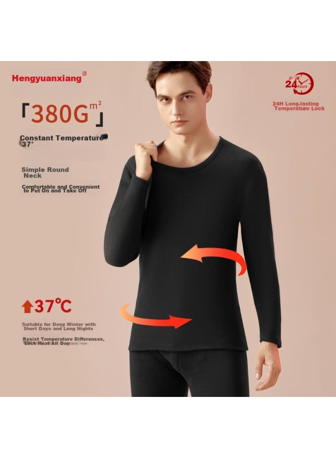 Hengyuanxiang Hengyuanxiang Wool And Silk Blend Thermal Underwear, Fleece-lined Thick Round Neck Autumn Top And Bottom Set, Black - Image 4