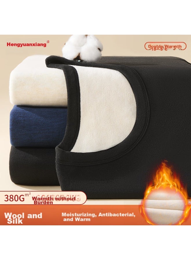 Hengyuanxiang Hengyuanxiang Wool And Silk Blend Thermal Underwear, Fleece-lined Thick Round Neck Autumn Top And Bottom Set, Black - Image 5