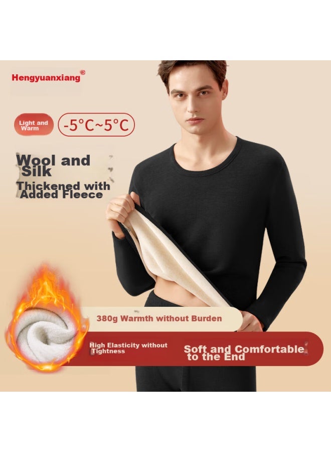 Hengyuanxiang Hengyuanxiang Wool And Silk Blend Thermal Underwear, Fleece-lined Thick Round Neck Autumn Top And Bottom Set, Black - Image 1