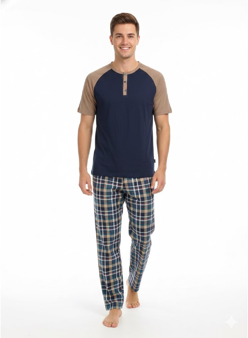 Jet Men's Summer Pajama Set With Half Sleeves, A Round Neckline, And Checkered Pants