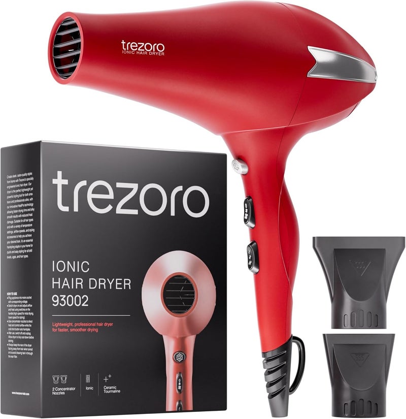 TREZORO Professional Blow Dryer for Women – Ionic Hair Dryer 2000W for Salon & Personal Use – Powerful, Fast & Quiet Drying for Curly Hair, Unwanted Frizz – Design for Travel – 8.2ft Cord – Red - Image 1