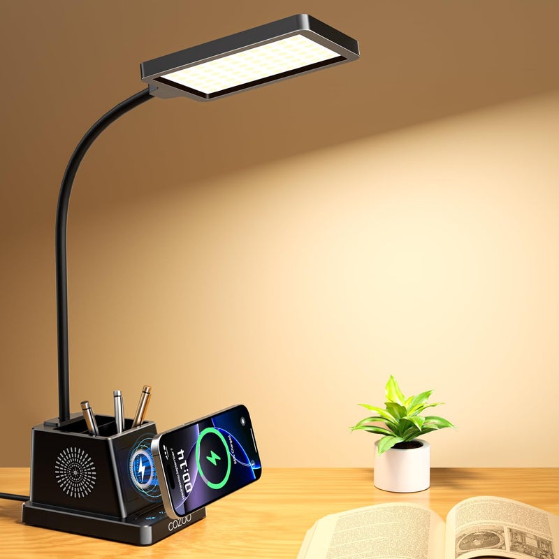 cozoo LED Desk Lamp for Home Office, 15W Bright Desk Light with Wireless Charger Pen Holder, Gooseneck Small Table Lamp for Bedroom, Study, Reading, Work, Task, Craft, College Dorm Room Accessories - Image 1