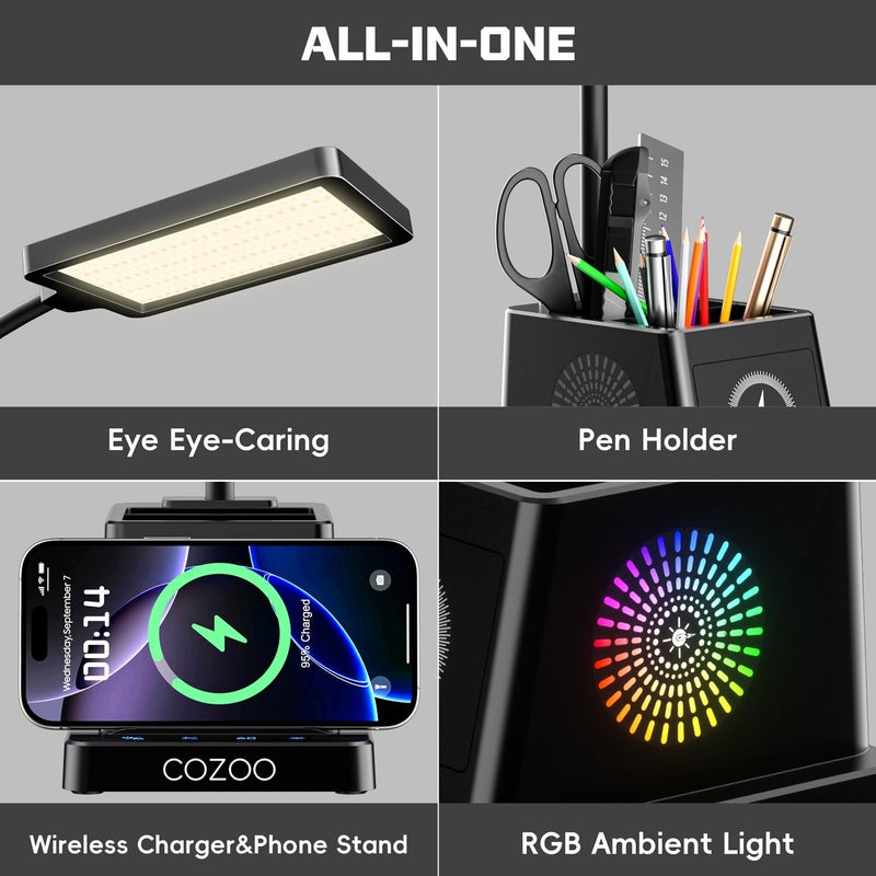 cozoo LED Desk Lamp for Home Office, 15W Bright Desk Light with Wireless Charger Pen Holder, Gooseneck Small Table Lamp for Bedroom, Study, Reading, Work, Task, Craft, College Dorm Room Accessories - Image 4