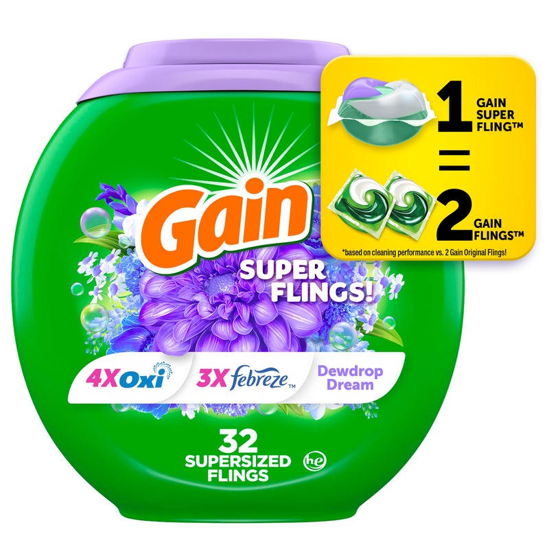 Gain Super Sized Flings Laundry Detergent Pacs 32 Count Dewdrop Dream Scent