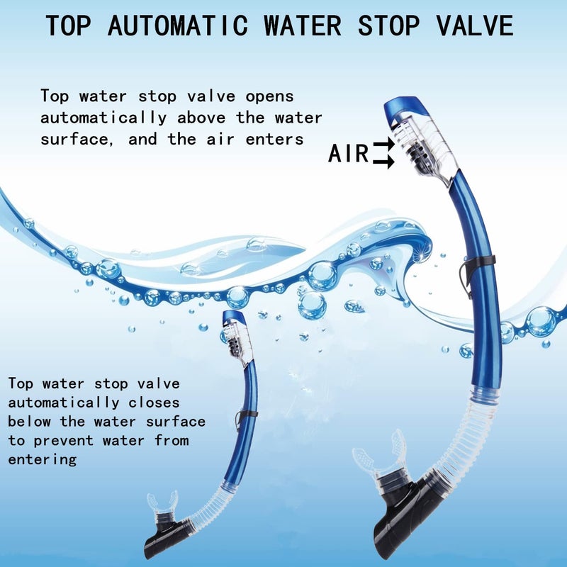 AQUA A DIVE SPORTS AQUA A DIVE SPORTS Dry Snorkel Easy Breath Diving Snorkel for Snorkeling Scuba Diving Swimming with Top Dry Valve and Food Grade Silicone Mouthpiece for Adult Youth Blue/Clear  - Image 2