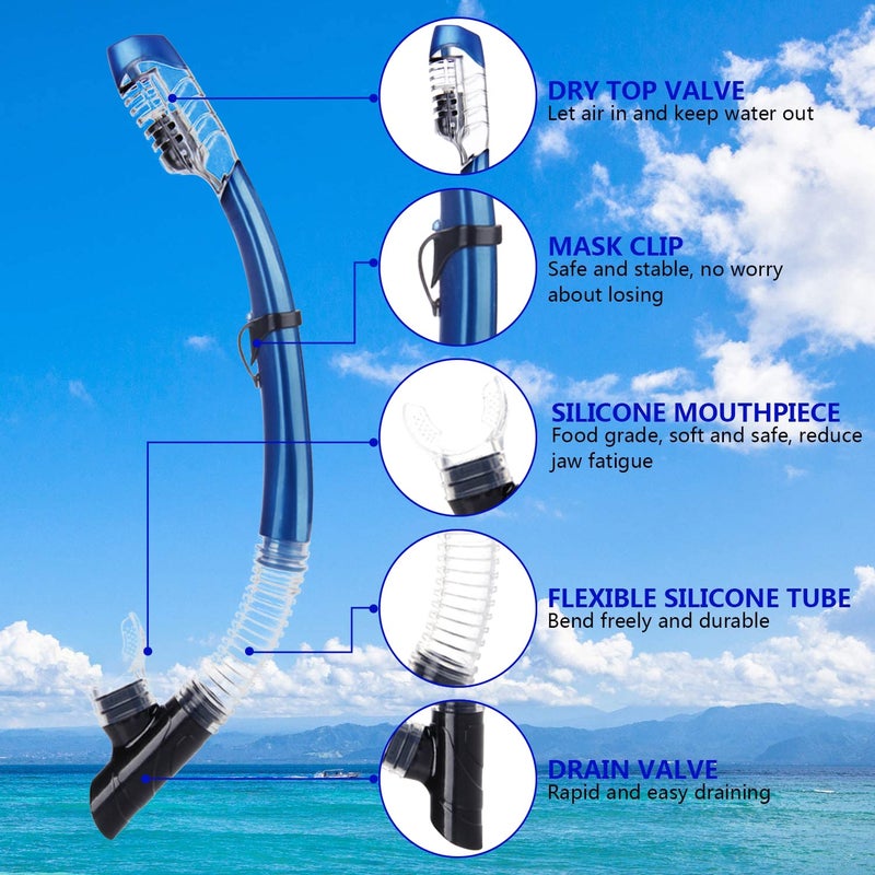 AQUA A DIVE SPORTS AQUA A DIVE SPORTS Dry Snorkel Easy Breath Diving Snorkel for Snorkeling Scuba Diving Swimming with Top Dry Valve and Food Grade Silicone Mouthpiece for Adult Youth Blue/Clear  - Image 3