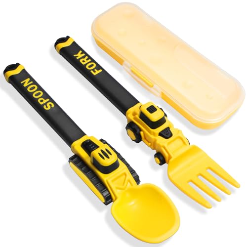 Deinyi Construction Toddler Utensils - Reusable Plastic Toddler Fork and Spoon & Storage Case - Suitable for Kids Utensils - Christmas Gifts and Birthday Gifts for 1 2 3 4 5 6 7 year old, Yellow - Image 1