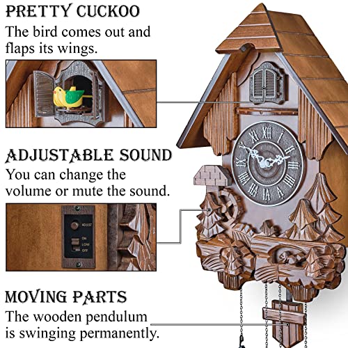 TIMEGEAR Cuckoo Clock with Automatic Night Mode, Swinging Pendulum and Quartz Movement (Brown) - Image 3