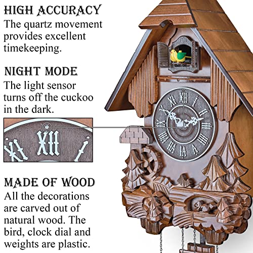 TIMEGEAR Cuckoo Clock with Automatic Night Mode, Swinging Pendulum and Quartz Movement (Brown) - Image 2