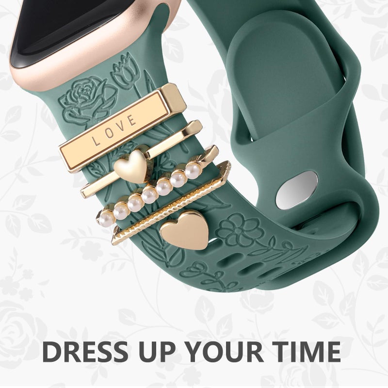 DaQin Flower Engraved Band Compatible with Apple Watch Bands 44mm 42mm 45mm 46mm for Women, Soft Silicone Strap With Decorative for Apple Watch Charms for iWatch Series 11 10 9 8 7 6 5 4 3 2 1 SE - Image 3
