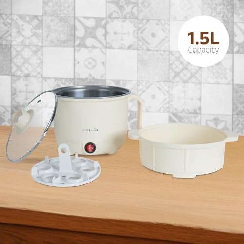 IBELL MPK150PM Multipurpose Electric Kettle, 1.5 Litre, 600W, 2 Cooking Pots & Egg Boiler For Boiling Water, Egg, Stainless Steel Body (White) - Image 4