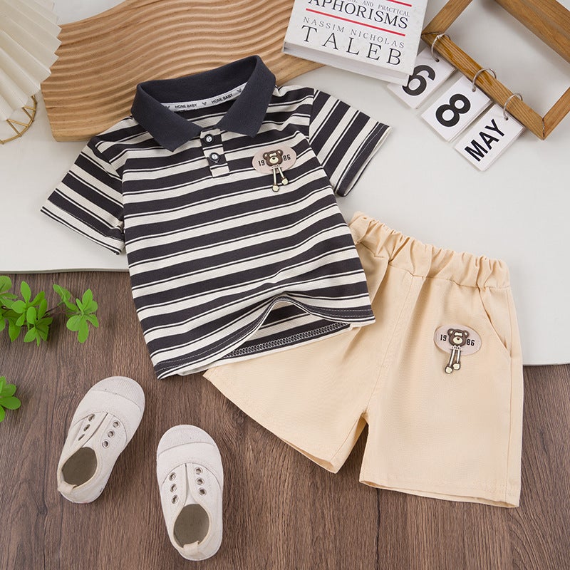 Boys Summer Clothes suit 2024 New Western Style Baby Summer Internet Popular Polo Short-sleeved Clothes Two-piece Casual Set Gray