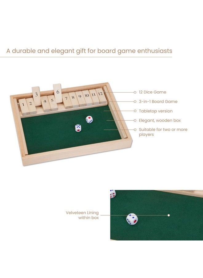 Bits and Pieces Bits and Pieces - Large Shut The Box Game - 3-in-1 Board Game - 12 Dice Board Game - Wooden Pub Tabletop Game Box - 2 Dice Included  - Image 5