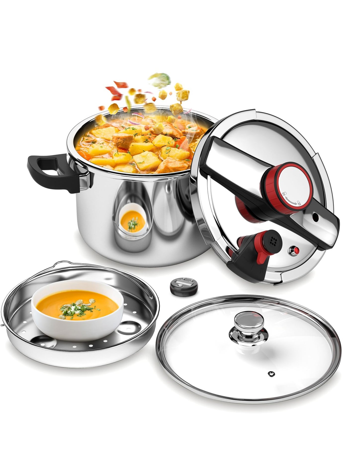 8Liter 304 Stainless Steel Pressure Cooker, 3-Stage PSI Settings, One-Hand Locking,Explosion-Proof Pot w/Extra Glass Lid, Timer, Steaming Rack(Induction Compatible)