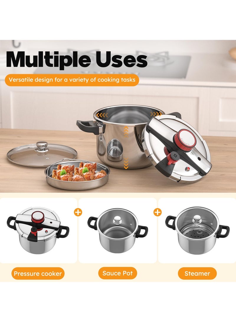 عربست طنجرة ضغط من الفولاذ المقاوم للصدأ 304 سعة 8 لتر، إعدادات ضغط 3 مراحل، قفل بيد واحدة، وعاء مقاوم للانفجار مع غطاء زجاجي إضافي، مؤقت، رف تبخير (متوافق مع الحث) - Image 5