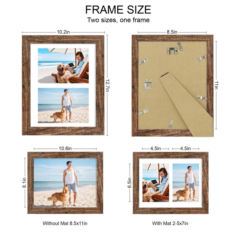 Hongkee 8.5x11 إطار الصورة مجموعة من 2 إطارات مستندات شهادات بنية بنية مع عرض إطار مجمعة زجاجية الصور 2-5x7 مع حصيرة أو 8.5 × 11 بدون حصيرة معلقة الجدار أو الطاولة - Image 2