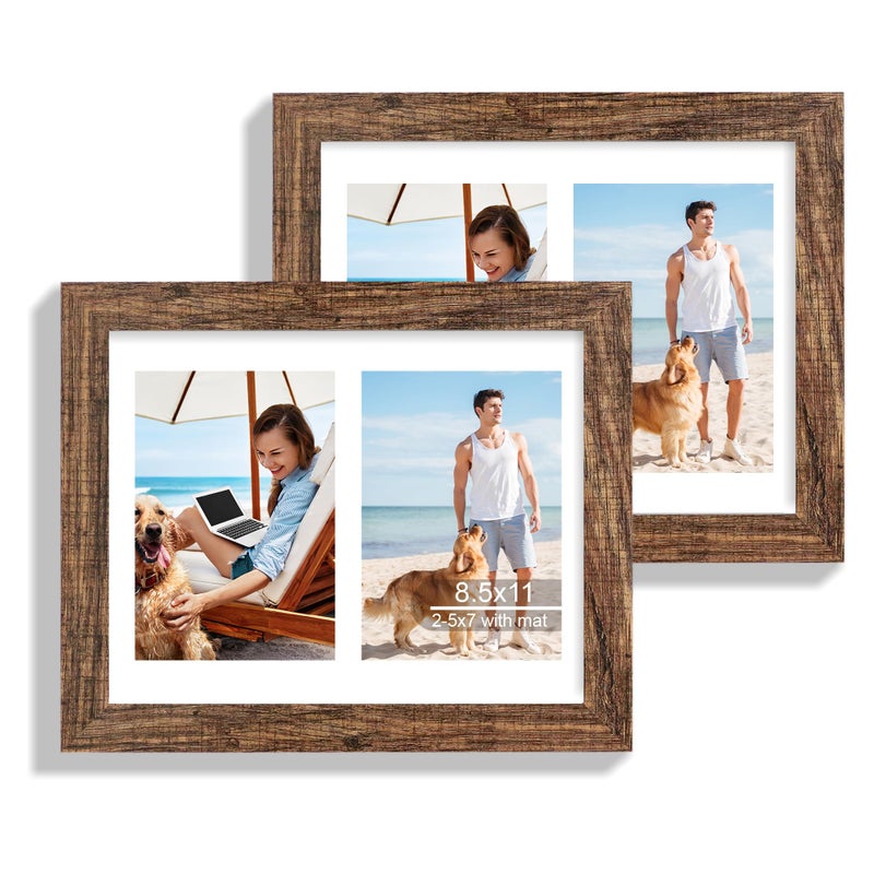 Hongkee 8.5x11 إطار الصورة مجموعة من 2 إطارات مستندات شهادات بنية بنية مع عرض إطار مجمعة زجاجية الصور 2-5x7 مع حصيرة أو 8.5 × 11 بدون حصيرة معلقة الجدار أو الطاولة - Image 1