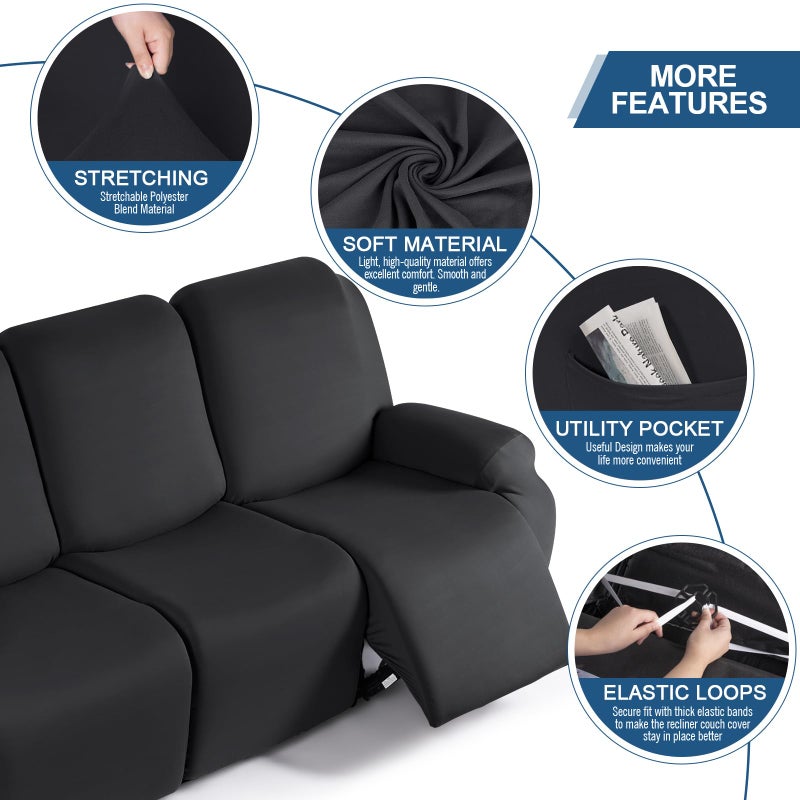 TAOCOCO Recliner Sofa Slipcover  3 Pieces Polyester Fabric Stretch Sofa Covers for 3 Seat Reclining Couch  Soft Washable Furniture Protector with Pockets (3 Seat  Black) - Image 2